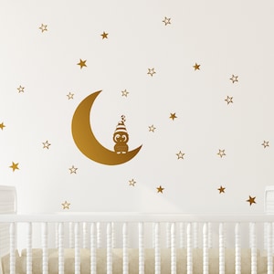 Petit Hibou Sur Lune Etoile Sticker Chouette Decor Chouette Etsy