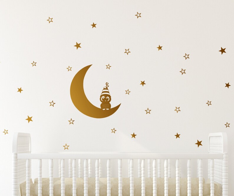 Little Owl on Moon Star Decal Owl Decor Owl Wall Decal Stars Etsy