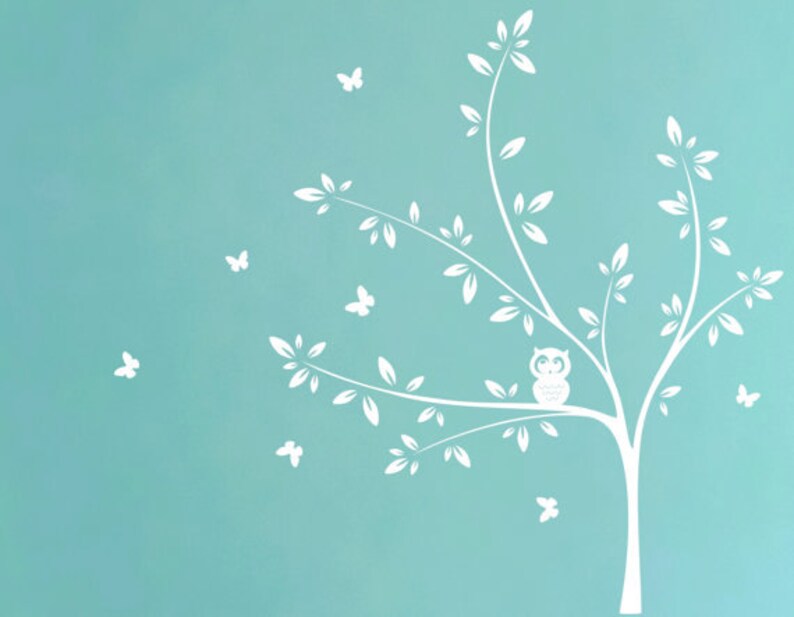 White Tree Wall Decal Owl and Butterflies Nursery Wall Decal Etsy