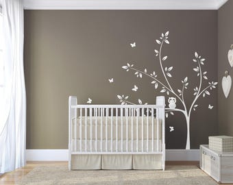 Tree Wall Decal with Owl and Butterflies, Nursery Wall Decals, Kids Room Decor, Woodland Sticker