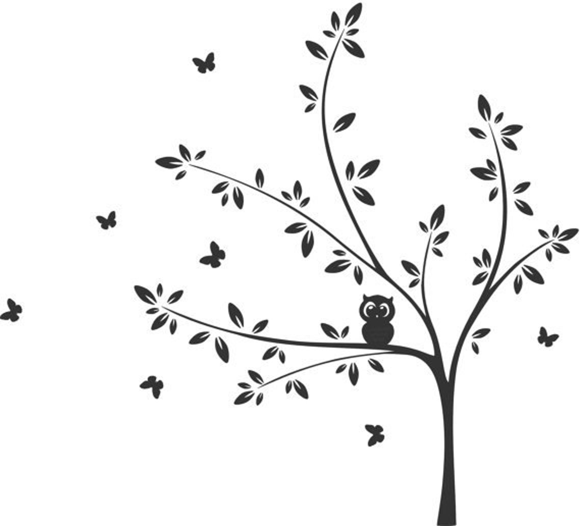 White Tree Wall Decal Owl Decal Butterfly Decals Tree Etsy