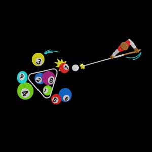 Könnte beinhalten: Ein gesticktes Motiv, das ein Billard-Queue zeigt, das eine weiße Spielkugel auf ein Dreieck aus bunten Billardkugeln stößt. Das Design enthält nummerierte Kugeln in Gelb, Hellblau, Grün, Lila, Rot und Dunkelblau auf schwarzem Hintergrund.