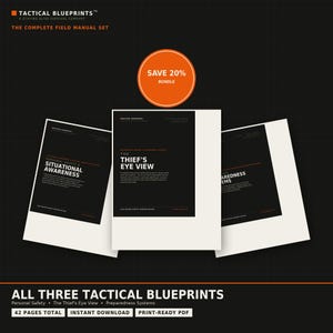 May include: A set of three digital manuals titled Tactical Blueprints, including Personal Safety & Situational Awareness, The Thief's Eye View, and Preparedness Systems. The black and white documents feature orange accents and text, totaling 42 pages.