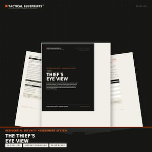 May include: A 14-page digital document titled The Thief's Eye View, a residential security assessment system. The cover features a black rectangular block with white text on a cream background, displaying checklists and security audit protocols.