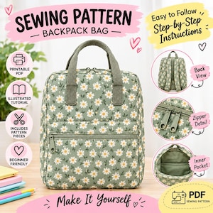 Sewing Pattern Backpack Book Bag, Tote Bag Pattern, DIY Backpack PDF, Zipper Pocket Bag Pattern