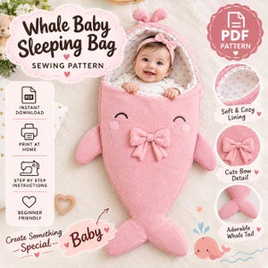 Puede incluir: Un patrón de costura digital en PDF para un saco de dormir para bebé con forma de ballena rosa. El diseño cuenta con un forro interior suave de lunares, un lazo decorativo en la parte delantera y una cola de ballena en la parte inferior.