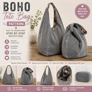 May include: A sewing pattern for a grey tote bag with a floral interior lining. The image displays the finished bag in two sizes, showing the exterior, interior pockets, and base. Text includes BOHO Tote Bag PATTERN and step-by-step instructions.