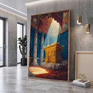 May include: A framed wall art print depicting a golden altar or structure centered within a grand hall. The scene features tall marble columns, deep blue walls, and a red ceiling. A bright beam of light illuminates the golden object from above.