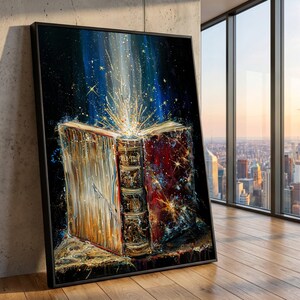 Quadro su tela con la Sacra Bibbia, illustrazione spirituale e religiosa, decorazione luminosa della fede, opera d'arte cristiana ispiratrice.