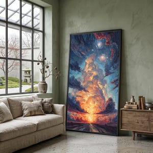 Lienzo con paisaje espacial celestial, arte mural de cielo estrellado, pintura de nubes galácticas, lienzo de puesta de sol cósmica, decoración del espacio exterior para el hogar.