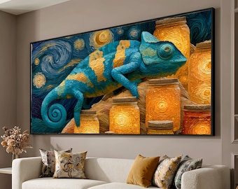 Vibrant Blue Chameleon Canvas, Starry Night Background, Glowing Jar Lights Wall Art, Colorful Animal Decor, Unique Nature Canvas