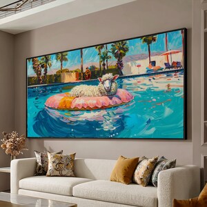 Ontspannende schapen op opblaasbaar zwembadvlotterdoek, zomerfantasiekunst aan de muur, speelse dierenschilderij, helder zwembaddecor, kleurrijke canvaskunst