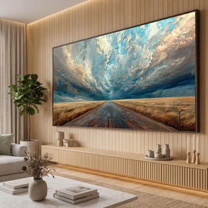 May include: A large rectangular wall art piece featuring an oil painting of a vast, golden wheat field under a dramatic, swirling sky filled with deep blue, white, and orange clouds, with a straight road leading toward the horizon line.