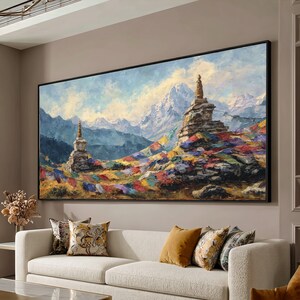 Himalayan Mountain View Canvas, Prayer Flags Wall Art, Traditional Stupa Painting, Spiritual Landscape Canvas, Colorful Tibetan Decoration