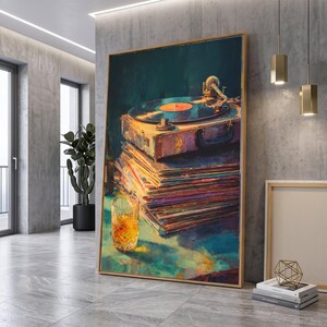 Vintage Record Player Canvas, Retro Vinyl Stack Art, Music Nostalgia Decor, Classic Turntable Wall Art, Home Music Room Decoration