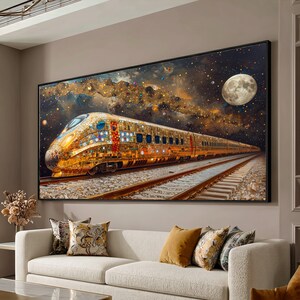 Gustav Klimt-stil gyllene mosaiktåg canvastavla, modern art déco-tågillustration, natthimmel och fullmåne, lyxig heminredning