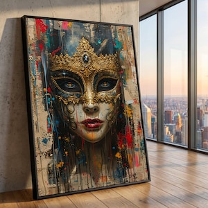 Street Art Royalty Mask Canvas, Urban Graffiti Portrait, Bold Color Splash Wall Art, Modern Decorative Painting, Ready to Hang Canvas