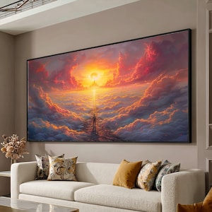 Spirituelle Reise in den Himmel Leinwand Wandkunst, leuchtender Sonnenaufgang religiöser Weg, inspirierende Glaubenslandschaft, göttliches Licht Innendekoration