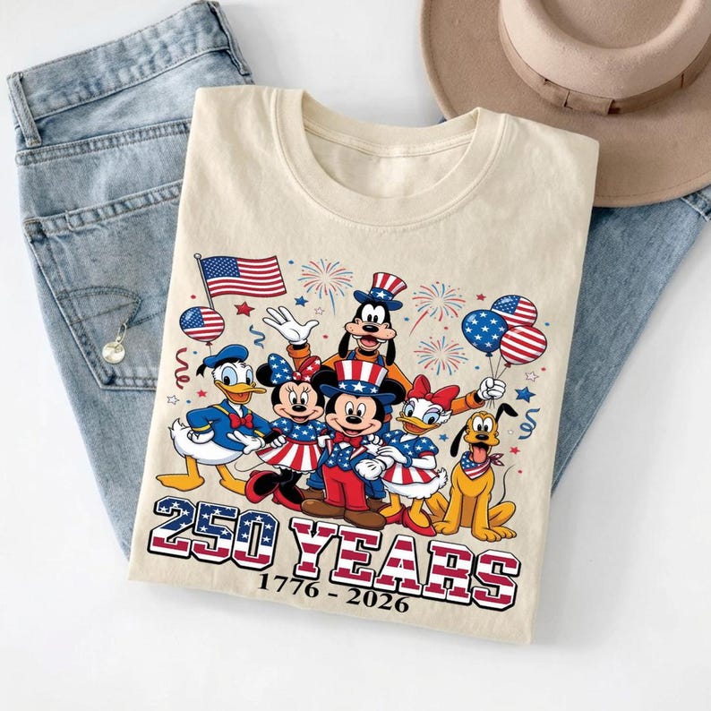 Może przedstawiać: Kremowy t-shirt z grafiką przedstawiającą postacie Disneya, w tym Myszkę Miki, Minnie, Kaczora Donalda, Daisy, Goofy'ego i Pluto w patriotycznych strojach. Projekt zawiera amerykańską flagę, fajerwerki oraz napis 250 YEARS 1776-2026.