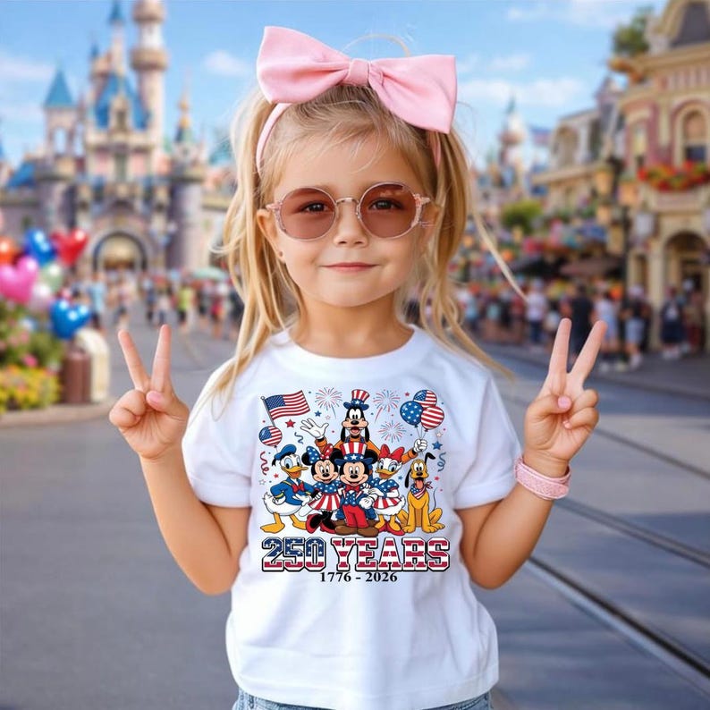 Może przedstawiać: Biały t-shirt z grafiką przedstawiającą postacie Disneya, w tym Myszkę Miki, Myszkę Minnie, Kaczora Donalda, Daisy, Goofy'ego i Pluto w patriotycznych strojach, z napisem 250 YEARS 1776-2026 oraz motywami amerykańskiej flagi.