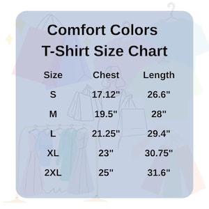 Może przedstawiać: Tabela rozmiar&oacute;w koszulek Comfort Colors z czarnym tekstem na jasnoniebieskim tle. Zawiera rozmiary od S do 2XL wraz z wymiarami klatki piersiowej i długości w calach: S (17,12", 26,6"), M (19,5", 28"), L (21,25", 29,4"), XL (23", 30,75"), 2XL (25", 31,6").