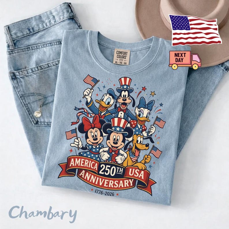 May include: A light blue t-shirt featuring a graphic of cartoon characters wearing patriotic hats and holding American flags. The text reads AMERICA 250TH USA ANNIVERSARY 1776-2026. The shirt has a Comfort Colors label at the neck and is paired with blue jeans.