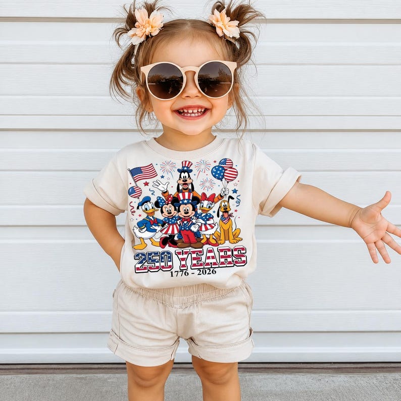Może przedstawiać: Kremowy t-shirt z kr&oacute;tkim rękawem z grafiką przedstawiającą postacie Disneya, w tym Myszkę Miki, Myszkę Minnie, Kaczora Donalda, Goofy'ego i Pluto. Wz&oacute;r zawiera amerykańskie flagi, fajerwerki oraz napis 250 YEARS 1776-2026.