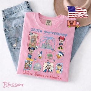 Peut inclure: Un t-shirt rose clair orn&eacute; d'un motif 250th Anniversary 1776-2024 avec des illustrations de personnages Disney en tenue patriotique, un ch&acirc;teau et le texte United States of America, pos&eacute; sur un jean bleu clair.