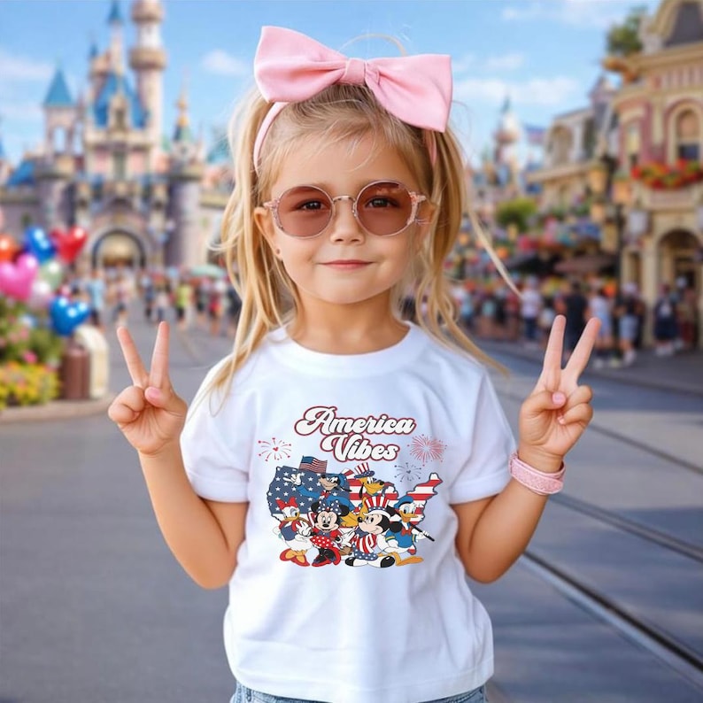May include: A white short-sleeved t-shirt featuring a graphic of the United States map filled with stars and stripes, surrounded by cartoon characters and the text America Vibes. The design includes fireworks and patriotic colors of red, white, and blue.