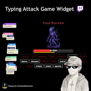 May include: A black screen displays a "Typing Attack Game Widget" with a purple Void Walker character. The image includes game elements like health bars, player names, and a cartoon character wearing sunglasses.