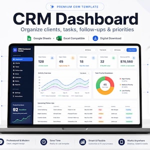 Op de afbeelding: Een digitaal CRM-dashboard-sjabloon weergegeven op een laptopscherm, met datavisualisaties, taakbeheer en tools voor klantbeheer. De interface bevat grafieken, tabellen en statistieken voor het organiseren van taken, follow-ups en prioriteiten.