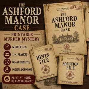 Op de afbeelding: Een printbaar moordmysteriespel getiteld The Ashford Manor Case, met vijf beige documentmappen met de labels Start Here, Hints File, Solution File en Printable Reference Sheets, allemaal voorzien van het zegel van de Surrey Constabulary.