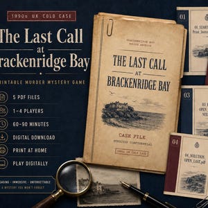 Puede incluir: Un juego de misterio imprimible titulado The Last Call at Brackenridge Bay, que incluye una carpeta de archivos color canela, cinco tarjetas de documentos numeradas, una lupa y un bolígrafo negro. El texto incluye 1990s UK Cold Case y 5 PDF files.