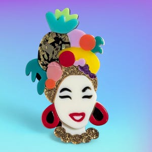 Tropical Island Girl with Gold Glitter Pineapple Fruit Hat Laser Cut Acrylic Pin Brooch