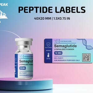 May include: A clear glass vial with a silver cap and a blue and purple gradient label reading Semaglutide 10 MG, alongside a matching rectangular label. The text includes 40x20 mm, 1.5x0.75 in, and West Peak USA with a mountain logo.