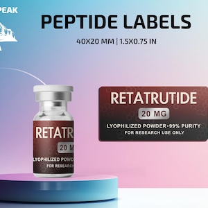 May include: A clear glass vial with a silver cap and a dark red label reading RETATRUTIDE 20 MG LYOPHILIZED POWDER 99% PURITY FOR RESEARCH USE ONLY. A matching rectangular label is displayed next to it. The text indicates dimensions of 1.5x0.75 inches.