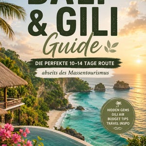 Può includere: Una guida turistica intitolata "BALI & GILI Guide" con testo verde scuro. L'immagine presenta una scena di spiaggia tropicale con acqua turchese, palme e un tramonto. Il testo aggiuntivo include "DIE PERFEKTE 10-14 TAGE ROUTE" e "abseits des Massentourismus."