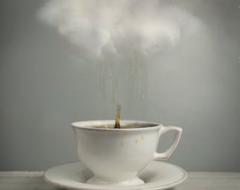 Raining Tea - Free US Shipping - Cloud Teacup - Small Photo Print - Conceptual Still Life - White Blue - Wall Art - Fine Art Photography