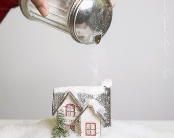 Sweet Holidays - Free US Shipping - Sugar Shaker Miniature House Snow - Holiday Still Life - White - Wall Art - Fine Art Photography