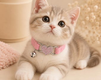 Pink Velvet Cat Collar with Rhinestone Heart and Bell, Adjustable Kitten Pet Collar
