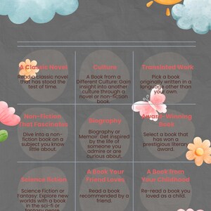Op de afbeelding: Een grijze leesuitdaging-kaart met een illustratie van een zon, wolken, bloemen en een klein dier. Het raster bevat negen categorieën, waaronder klassieke roman, cultuur, vertaald werk, non-fictie, biografie, bekroond boek, sciencefiction, favoriet van een vriend en jeugdboek. Tekst: MsVarugheseTeachingTales.
