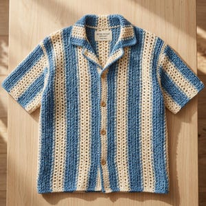 May include: A short-sleeve crochet shirt featuring vertical stripes in blue and cream. The shirt has a collared neckline, a button-down front with four brown buttons, and a white interior label that reads RETRO RESORT CROCHET Hand Made.