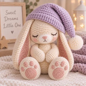 Pode incluir: Um coelho de crochê na cor creme com orelhas longas, detalhes cor-de-rosa no interior das orelhas e almofadas cor-de-rosa nas patas. O coelho tem olhos fechados, um nariz cor-de-rosa e usa uma touca de dormir de crochê lavanda com pompom.