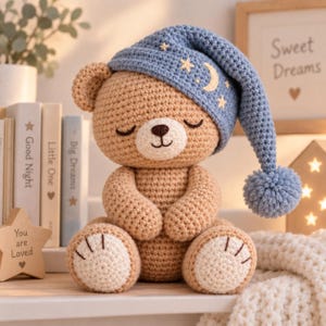 Sleepy Teddy Bear Crochet Pattern PDF, Amigurumi Bear Pattern, Crochet Teddy With Nightcap, Beginner Crochet Toy Pattern, Cute Nursery Bear