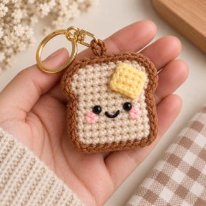 Puede incluir: Un llavero de ganchillo con forma de rebanada de pan tostado con corteza marrón, centro beige y un cuadrado de mantequilla amarillo encima. El pan tiene dos ojos de cuentas negras, una pequeña sonrisa bordada en negro y dos mejillas rosas.