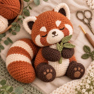 Peut inclure: Une peluche panda roux au crochet faite de fil orange rouille et crème, avec des pattes marron foncé aux coussinets brodés, des yeux fermés et un petit sourire, tenant un petit brin de bambou crocheté vert dans ses pattes avant.