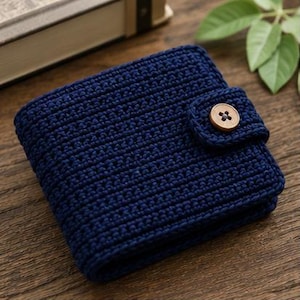 May include: A square, dark navy blue crochet wallet featuring a textured, ribbed stitch pattern. The wallet is secured with a small, round, light brown wooden button attached to a matching crochet tab that folds over the front edge.