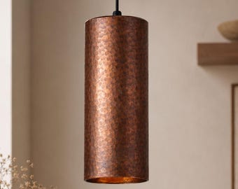 Hanglamp met gehamerde koperen cilinder, rustieke industriële plafondlamp, hanglamp voor keukeneiland