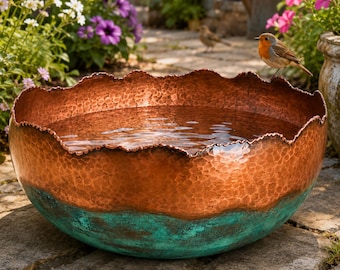 Copper Bird Bath Bowl, Garden Water Feature, Large Patio Water Feature for Garden, Hammered Finish