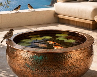 Copper Bird Bath Bowl, Garden Water Feature, Handmade Garden Centerpiece for Patio, Hammered Finish